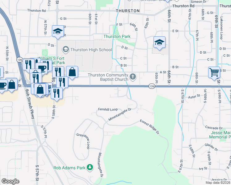 map of restaurants, bars, coffee shops, grocery stores, and more near 6313 Aster Street in Springfield