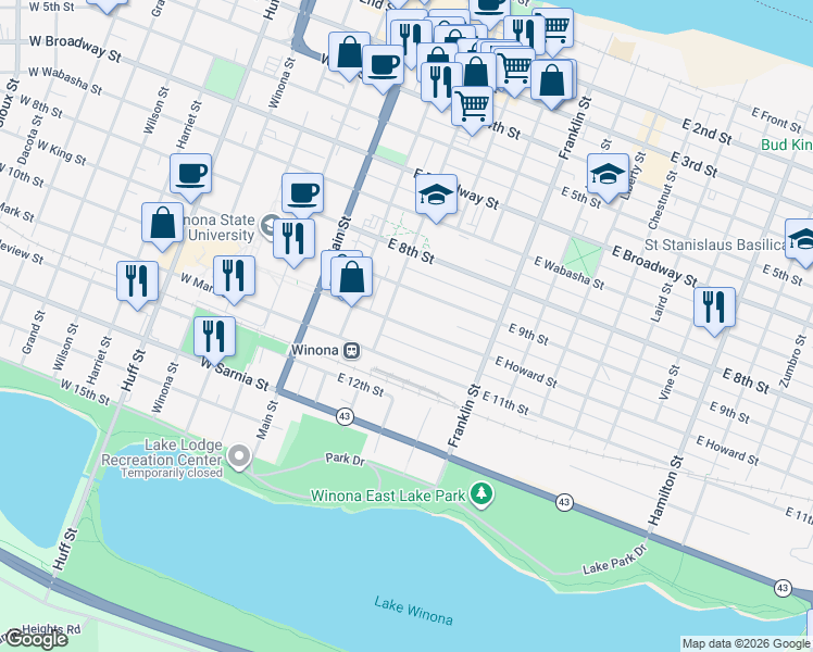 map of restaurants, bars, coffee shops, grocery stores, and more near 127 East Howard Street in Winona