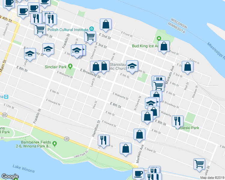 map of restaurants, bars, coffee shops, grocery stores, and more near 552 East Wabasha Street in Winona