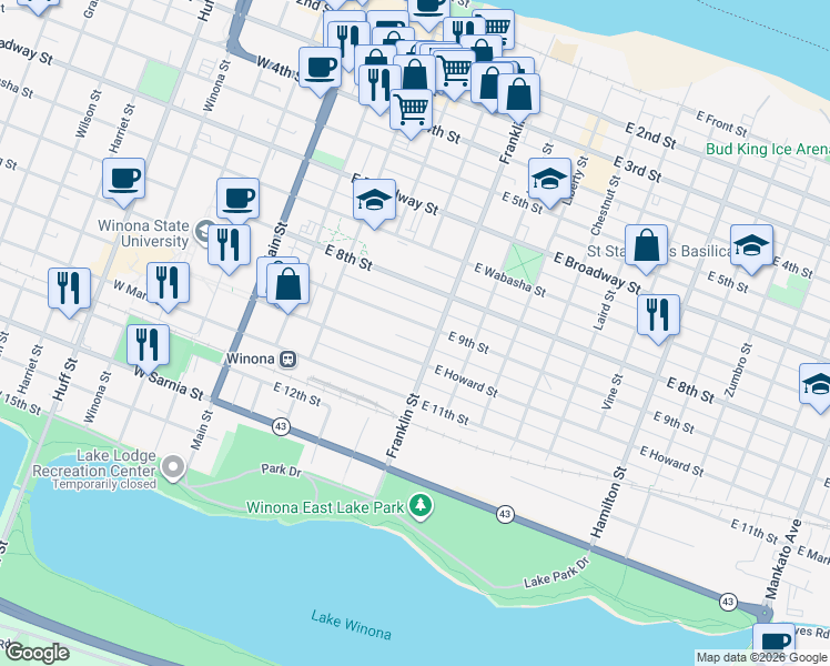 map of restaurants, bars, coffee shops, grocery stores, and more near 226 East 10th Street in Winona