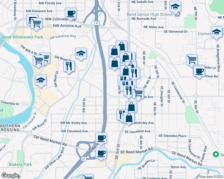 map of restaurants, bars, coffee shops, grocery stores, and more near 45 Southeast Wilson Avenue in Bend