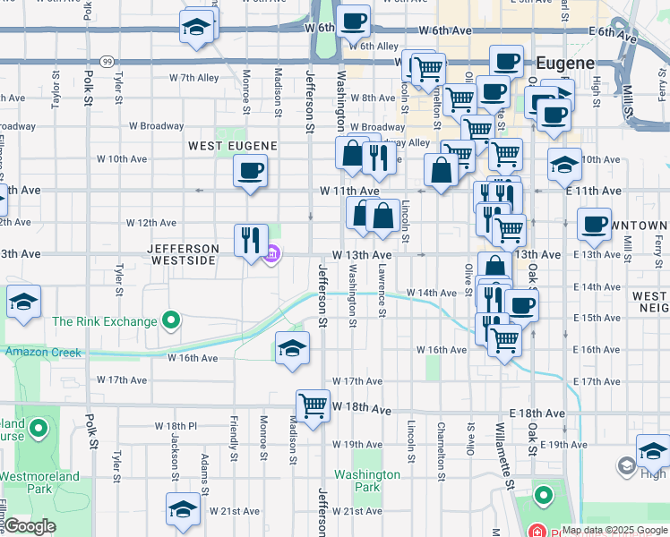 map of restaurants, bars, coffee shops, grocery stores, and more near 1330 Washington Alley in Eugene