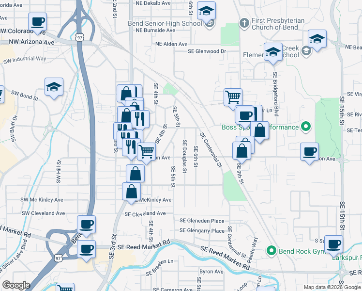 map of restaurants, bars, coffee shops, grocery stores, and more near 499 Southeast Douglas Street in Bend