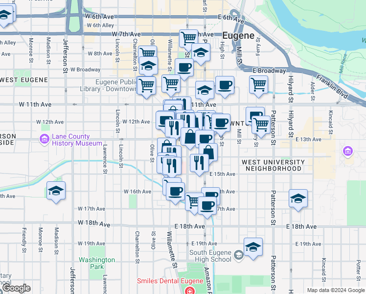 map of restaurants, bars, coffee shops, grocery stores, and more near 1348 Oak Street in Eugene