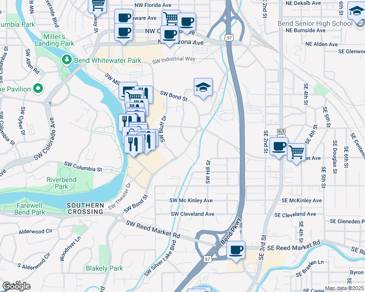 map of restaurants, bars, coffee shops, grocery stores, and more near 550 Southwest Bond Street in Bend