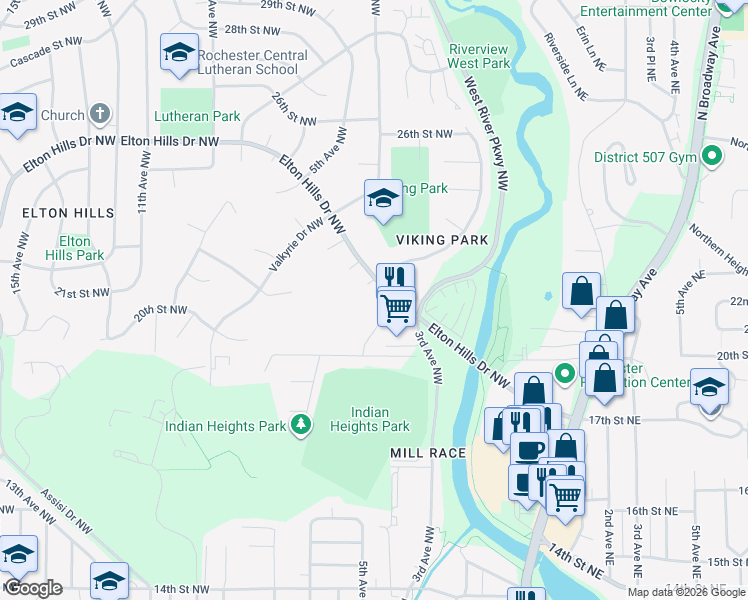 map of restaurants, bars, coffee shops, grocery stores, and more near 1932 Viking Drive Northwest in Rochester