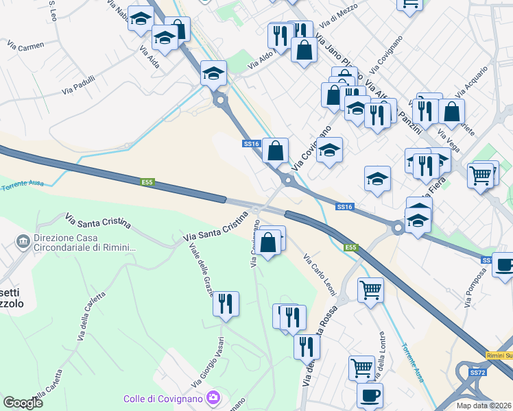 map of restaurants, bars, coffee shops, grocery stores, and more near 221a Via Covignano in Rimini