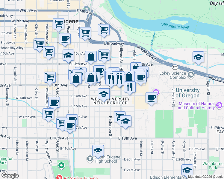 map of restaurants, bars, coffee shops, grocery stores, and more near 1341 Patterson Street in Eugene