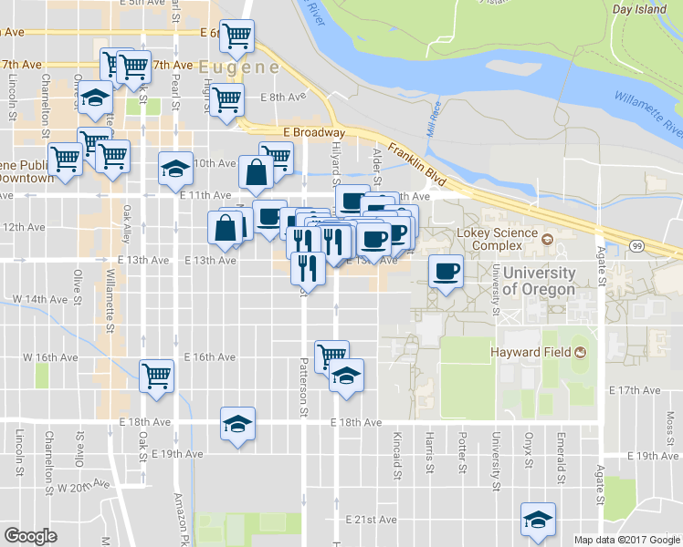 map of restaurants, bars, coffee shops, grocery stores, and more near 1337 Hilyard St in Eugene