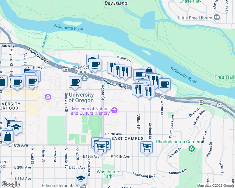 map of restaurants, bars, coffee shops, grocery stores, and more near 888 East 18th Avenue in Eugene