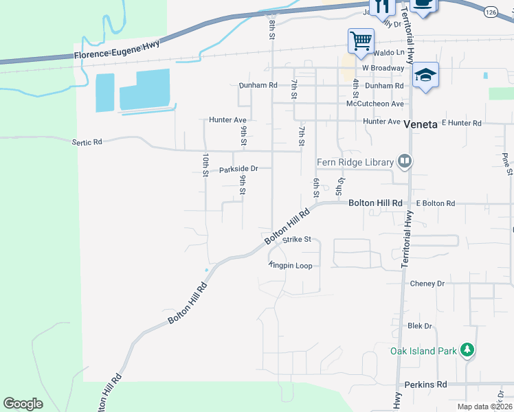 map of restaurants, bars, coffee shops, grocery stores, and more near 87974 8th Street in Veneta