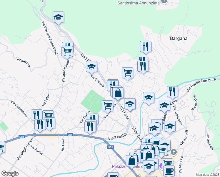 map of restaurants, bars, coffee shops, grocery stores, and more near 2 Viale del Cimitero in Massa