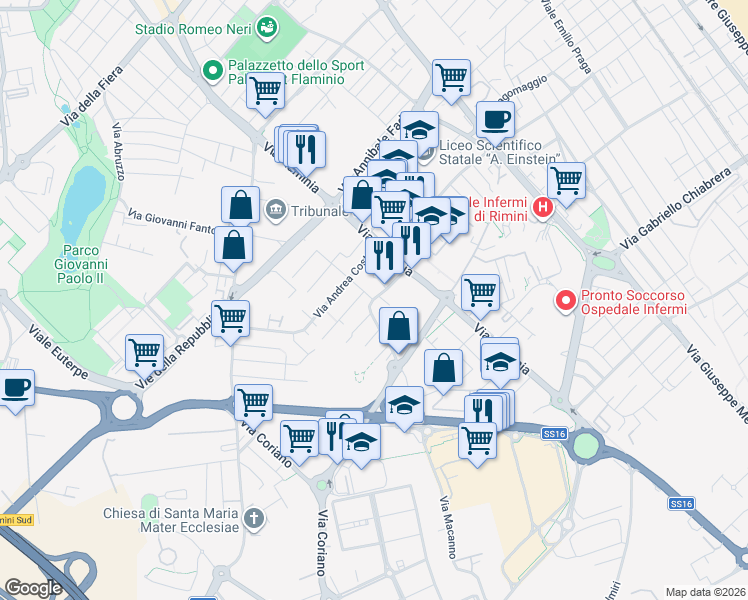map of restaurants, bars, coffee shops, grocery stores, and more near 12 Via Macanno in Rimini