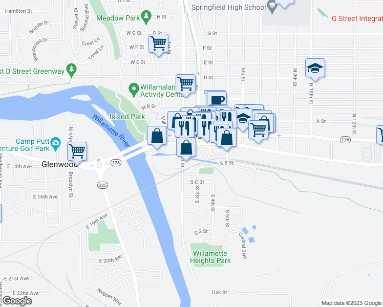 map of restaurants, bars, coffee shops, grocery stores, and more near 247 South 2nd Street in Springfield