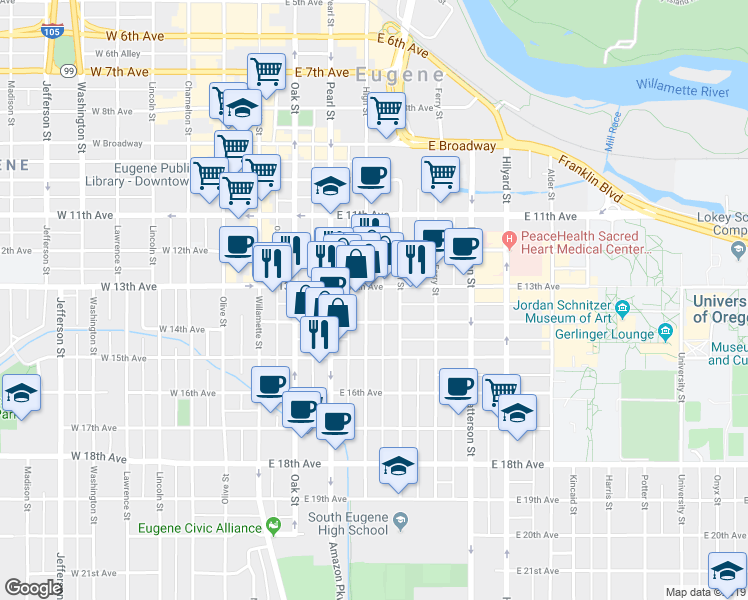 map of restaurants, bars, coffee shops, grocery stores, and more near 1390 High Street in Eugene