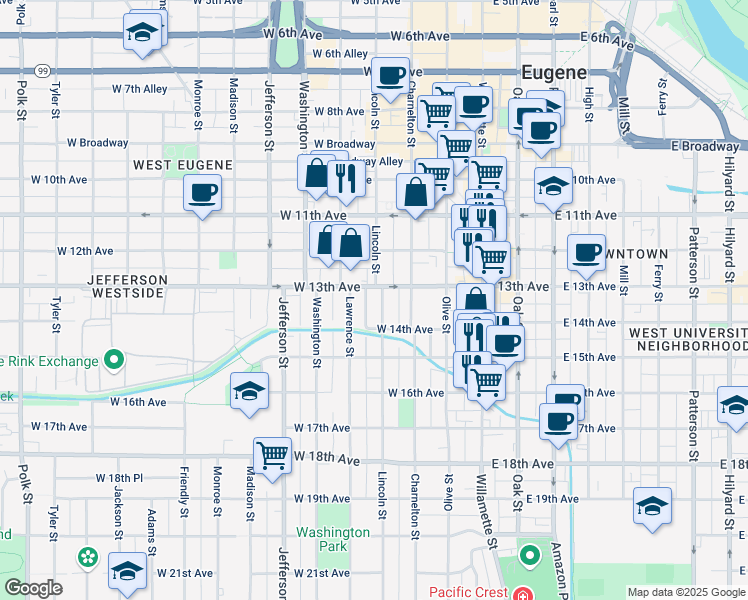 map of restaurants, bars, coffee shops, grocery stores, and more near 1379 Lincoln Alley in Eugene
