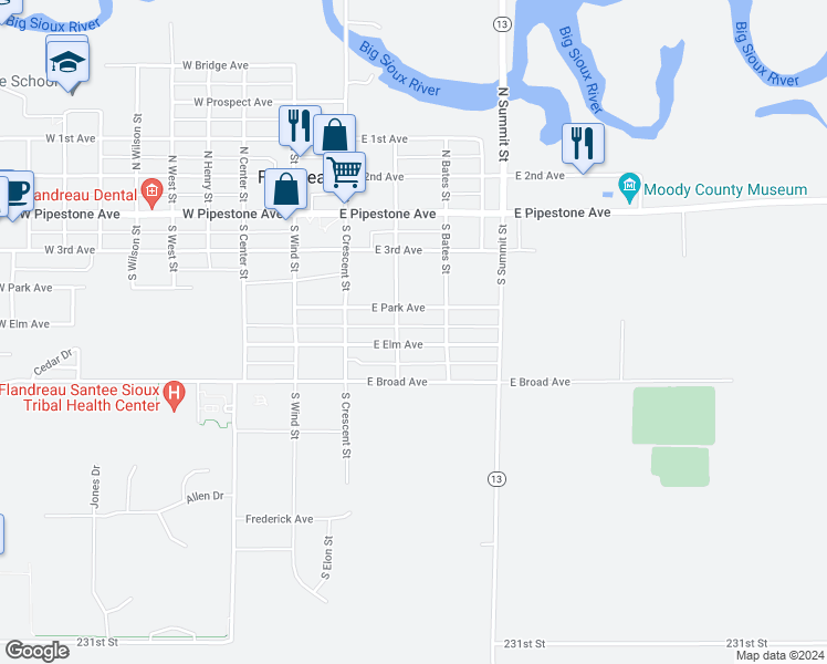 map of restaurants, bars, coffee shops, grocery stores, and more near 301 East Elm Avenue in Flandreau