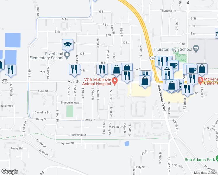 map of restaurants, bars, coffee shops, grocery stores, and more near 134 South 53rd Street in Springfield