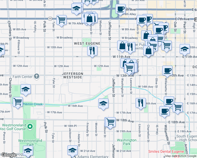 map of restaurants, bars, coffee shops, grocery stores, and more near 740 West 13th Avenue in Eugene