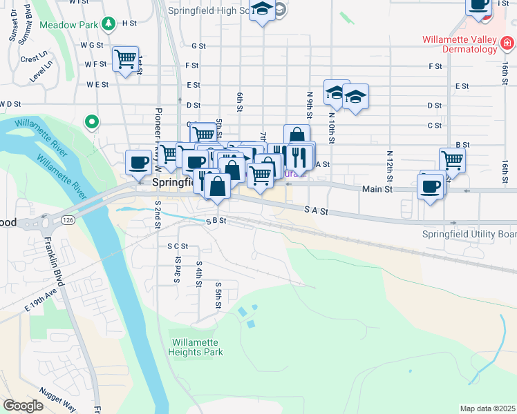 map of restaurants, bars, coffee shops, grocery stores, and more near 307 South 5th Street in Springfield