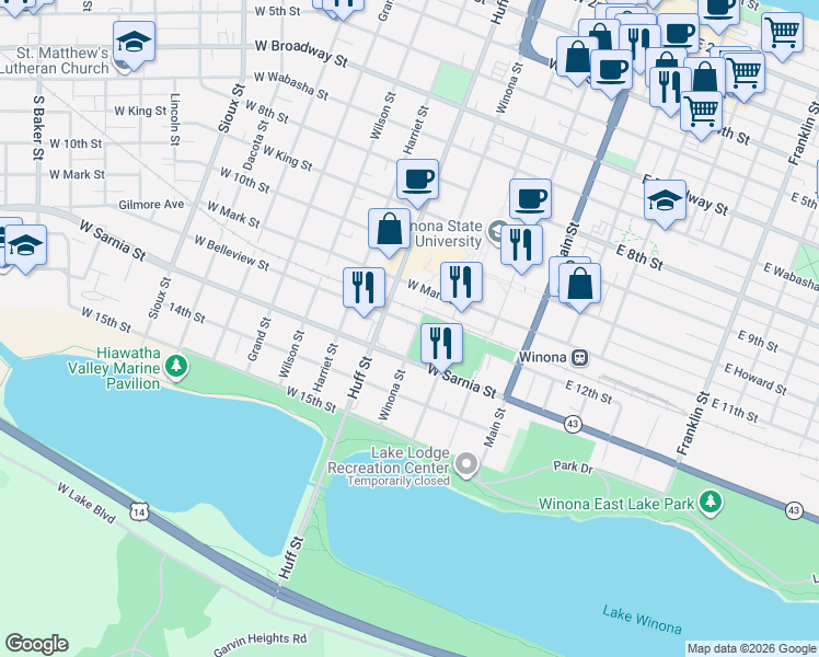 map of restaurants, bars, coffee shops, grocery stores, and more near 627 Winona Street in Winona