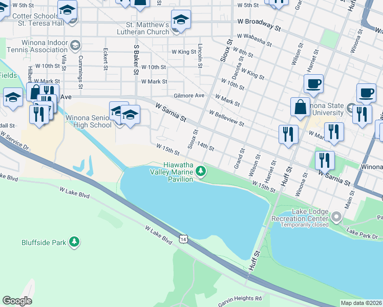 map of restaurants, bars, coffee shops, grocery stores, and more near 554 West Lake Street in Winona