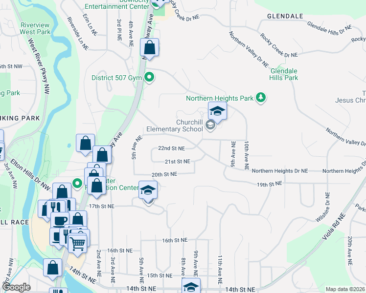 map of restaurants, bars, coffee shops, grocery stores, and more near 607 21st Street Northeast in Rochester