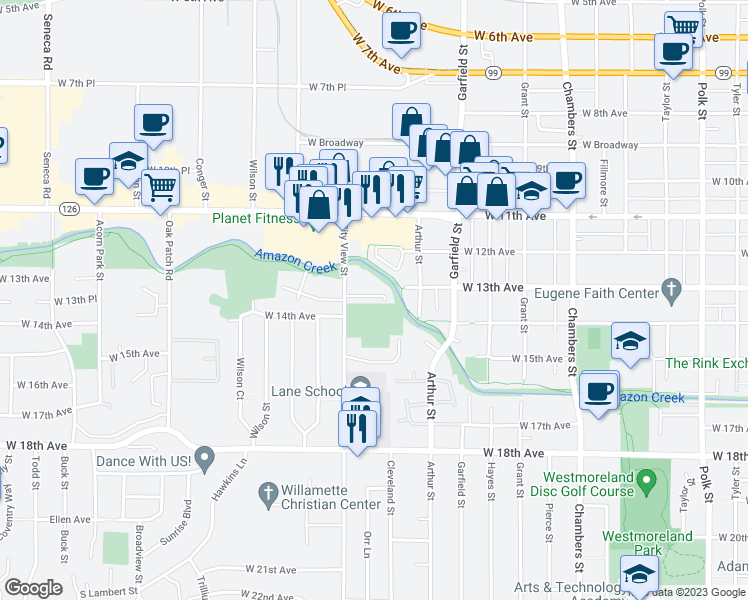 map of restaurants, bars, coffee shops, grocery stores, and more near 1349 City View Street in Eugene