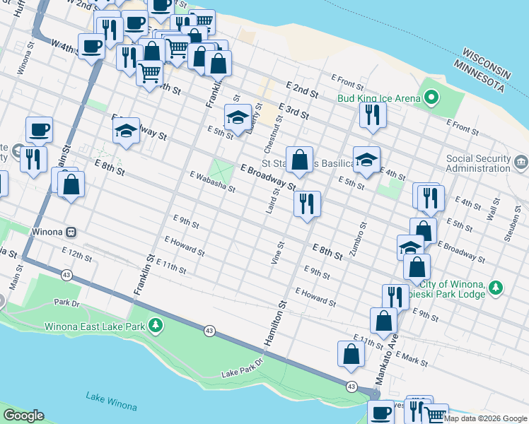 map of restaurants, bars, coffee shops, grocery stores, and more near 421 East 8th Street in Winona