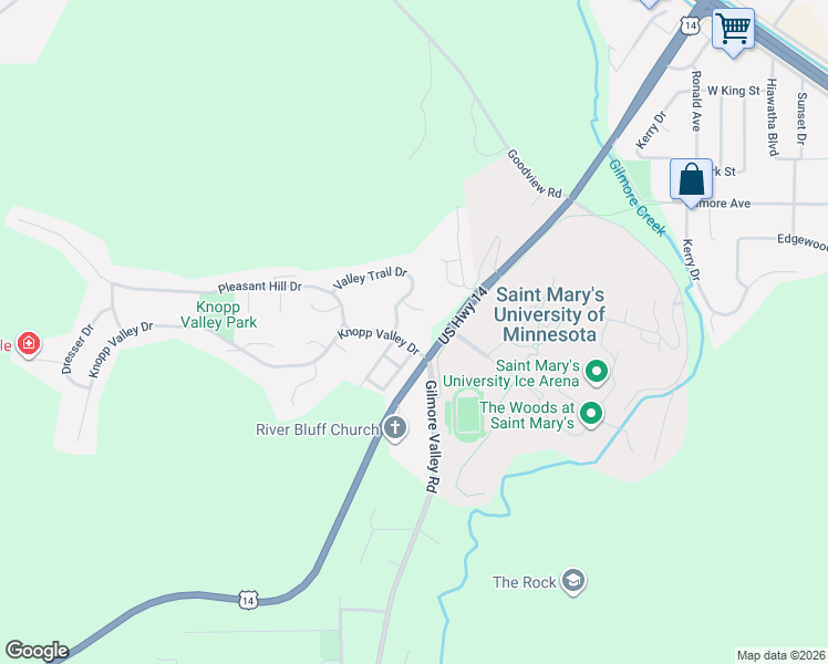 map of restaurants, bars, coffee shops, grocery stores, and more near 52 College Road in Winona