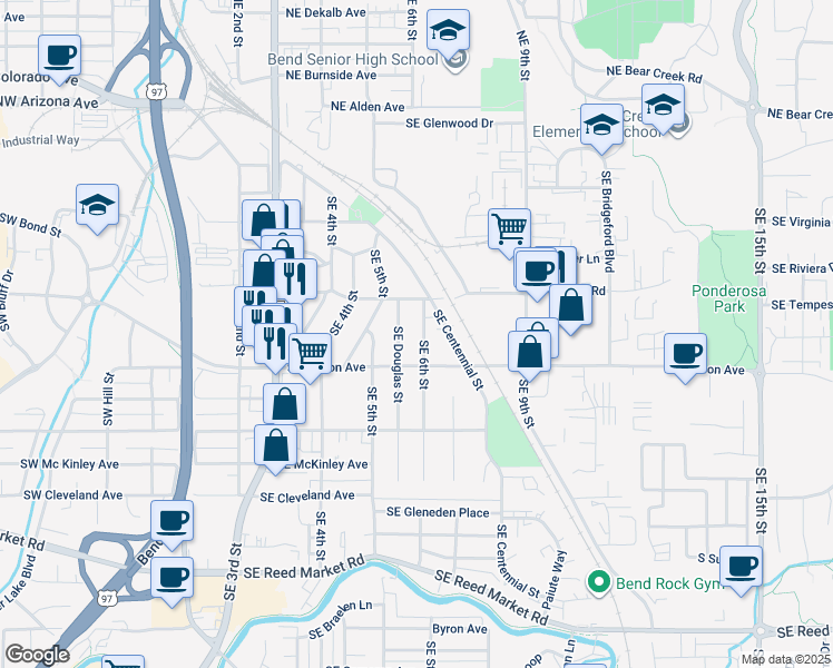 map of restaurants, bars, coffee shops, grocery stores, and more near 503 Southeast 6th Street in Bend