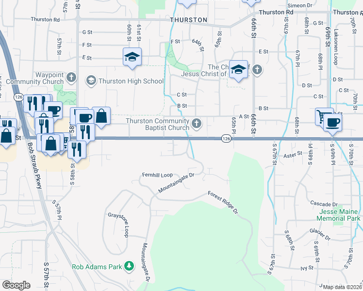 map of restaurants, bars, coffee shops, grocery stores, and more near 6313 Aster Street in Springfield