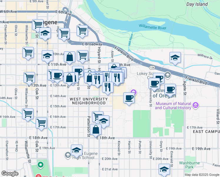 map of restaurants, bars, coffee shops, grocery stores, and more near 751 East 14th Avenue in Eugene