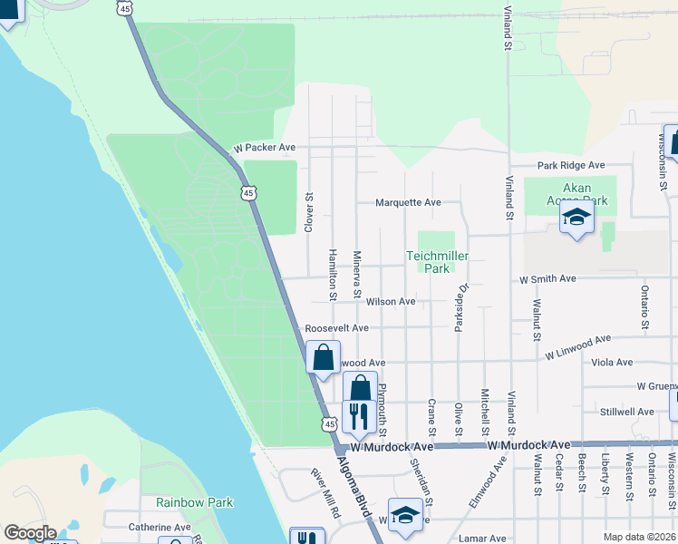 map of restaurants, bars, coffee shops, grocery stores, and more near 2221 Hamilton Street in Oshkosh