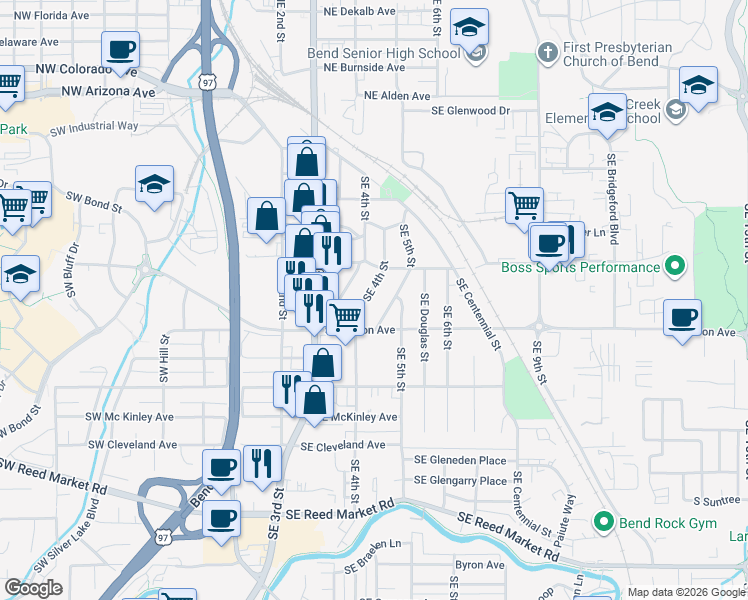 map of restaurants, bars, coffee shops, grocery stores, and more near 560 Southeast Silvis Lane in Bend