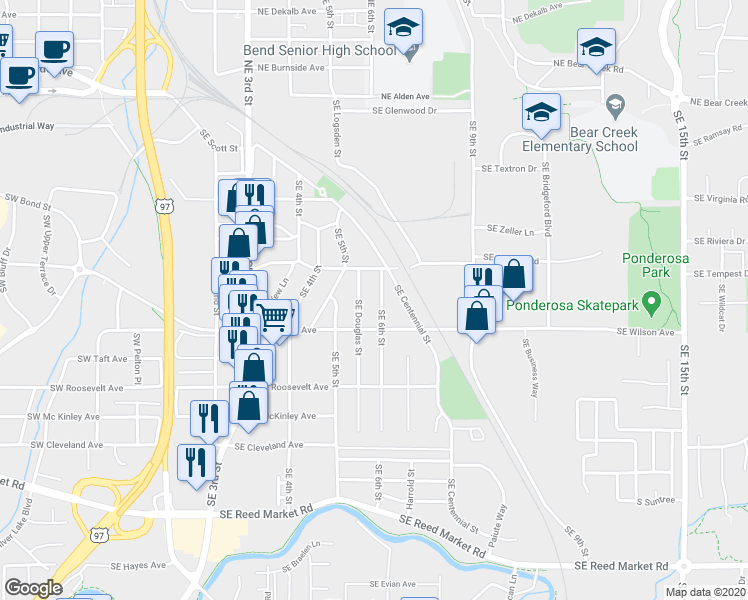 map of restaurants, bars, coffee shops, grocery stores, and more near 550 Southeast Wilson Avenue in Bend