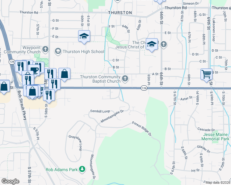 map of restaurants, bars, coffee shops, grocery stores, and more near 6313 Aster Street in Springfield