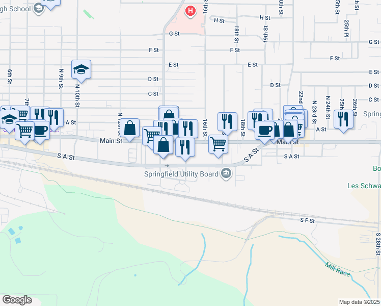 map of restaurants, bars, coffee shops, grocery stores, and more near 1517 South A Street in Springfield