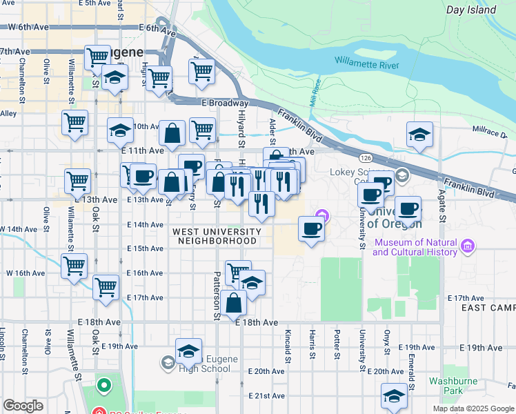 map of restaurants, bars, coffee shops, grocery stores, and more near 751 East 14th Avenue in Eugene