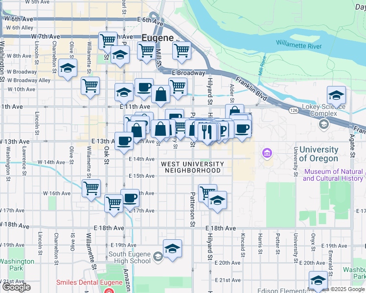 map of restaurants, bars, coffee shops, grocery stores, and more near 585 East 14th Avenue in Eugene
