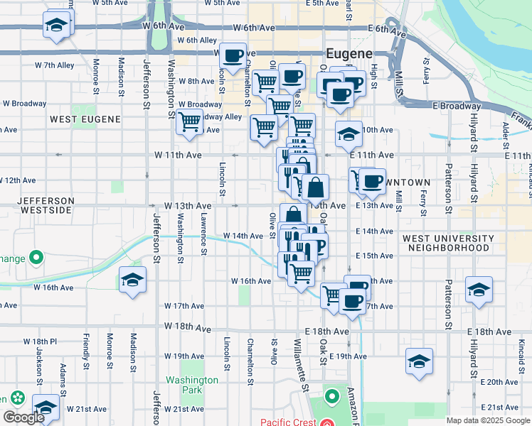 map of restaurants, bars, coffee shops, grocery stores, and more near 100 West 13th Avenue in Eugene