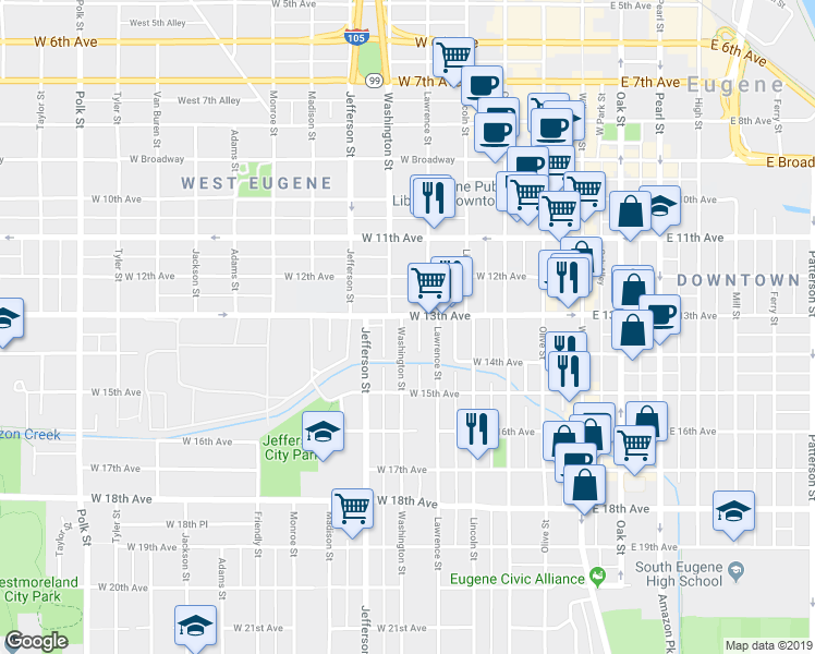 map of restaurants, bars, coffee shops, grocery stores, and more near 1401 Lawrence Alley in Eugene