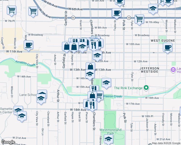 map of restaurants, bars, coffee shops, grocery stores, and more near 1398 Chambers Street in Eugene