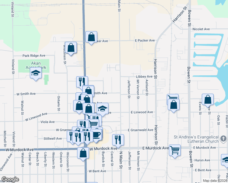 map of restaurants, bars, coffee shops, grocery stores, and more near 100 Allen Avenue in Oshkosh