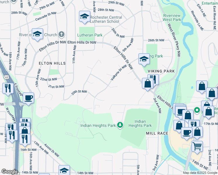 map of restaurants, bars, coffee shops, grocery stores, and more near 2018 Valkyrie Drive Northwest in Rochester