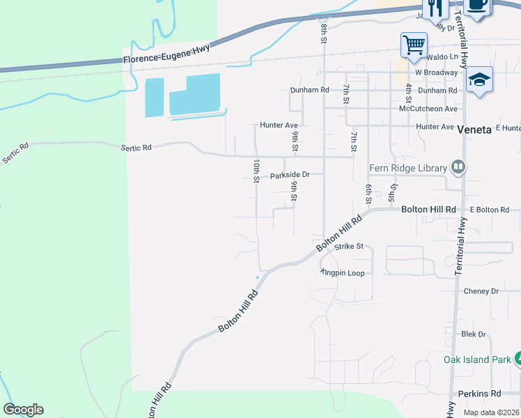 map of restaurants, bars, coffee shops, grocery stores, and more near 87977 10th Street in Veneta