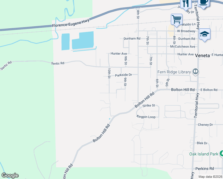 map of restaurants, bars, coffee shops, grocery stores, and more near 87977 10th Street in Veneta