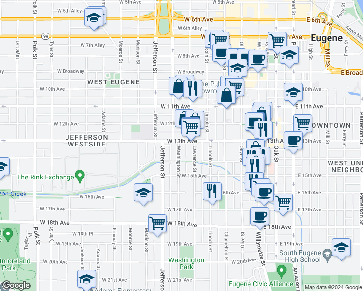 map of restaurants, bars, coffee shops, grocery stores, and more near 1315 Washington Street in Eugene