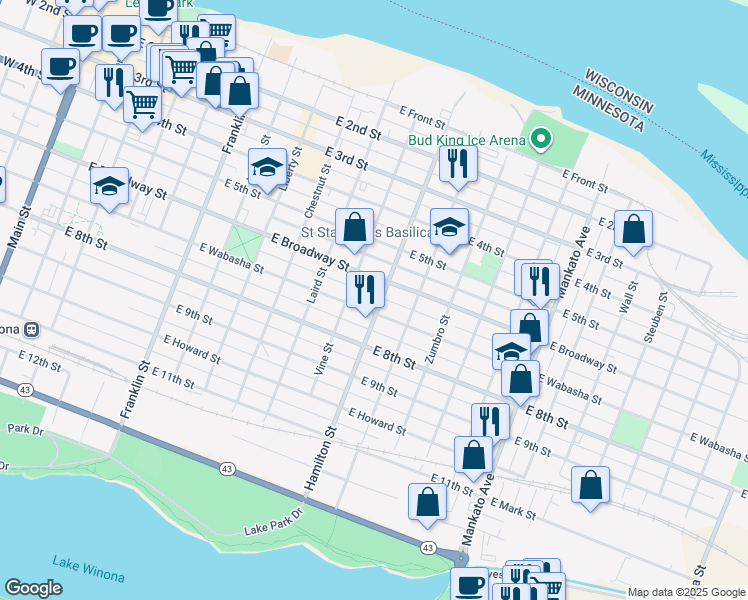 map of restaurants, bars, coffee shops, grocery stores, and more near 319 Hamilton Street in Winona