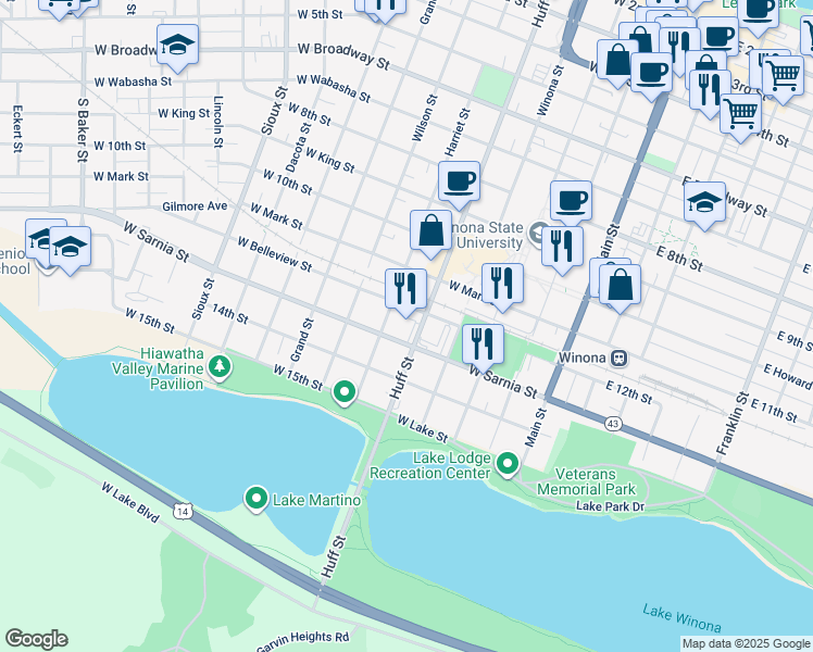 map of restaurants, bars, coffee shops, grocery stores, and more near 655 Huff Street in Winona